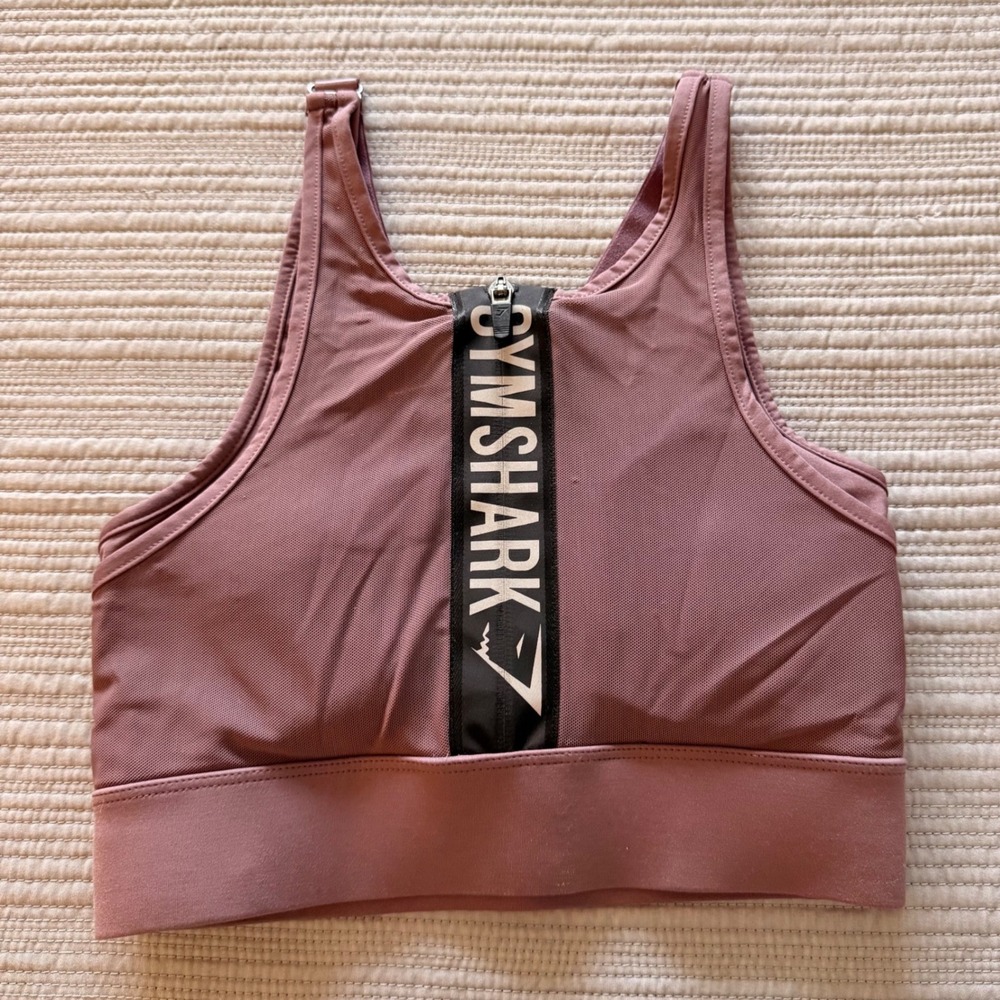 Gymshark Womens Front Zip Sports Bra Mauve Pink Mesh High Neck Racerback Size XS